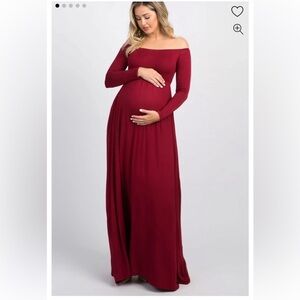 PinkBlush Dark Burgundy Solid Off Shoulder Maternity Maxi Dress